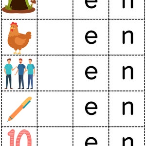 Op de afbeelding: Een werkblad met vijf rijen afbeeldingen en letters. De afbeeldingen omvatten een hol, een hen, drie mensen, een pen en het getal 10. De letters zijn 'e' en 'n'.