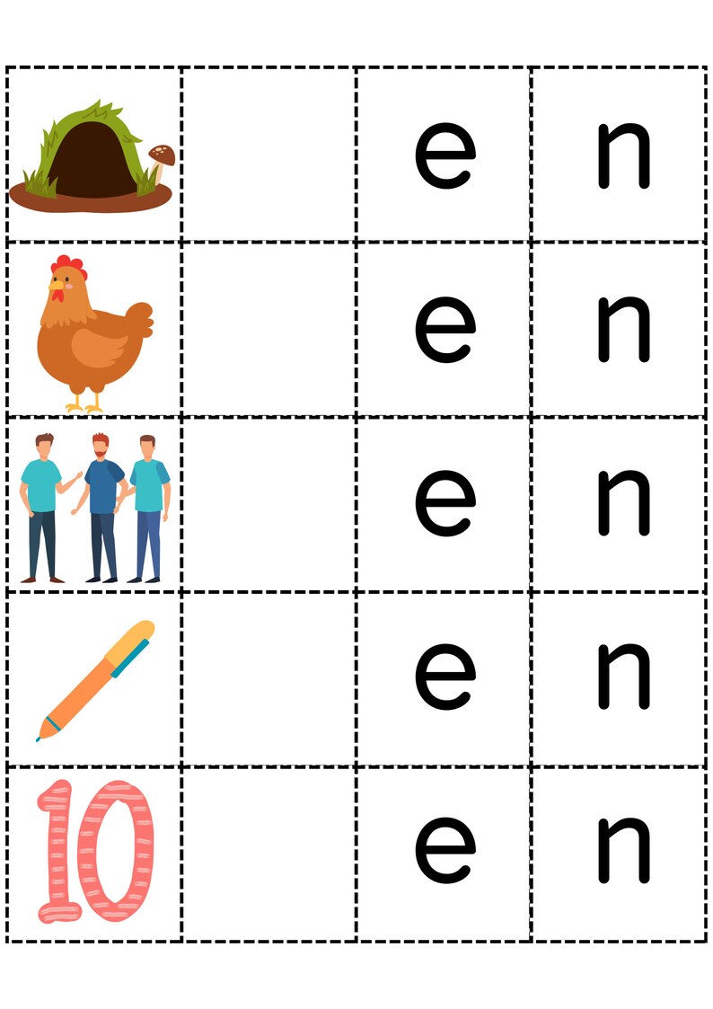 Op de afbeelding: Een werkblad met vijf rijen afbeeldingen en letters. De afbeeldingen omvatten een hol, een hen, drie mensen, een pen en het getal 10. De letters zijn 'e' en 'n'.