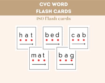 May include: Five black and white flash cards with red dots. The cards show the words "hat", "bed", "cab", "mat", and "bag".