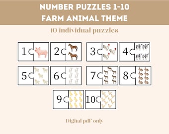 May include: A set of 10 printable farm animal themed number puzzles for kids. Each puzzle features a number from 1 to 10 and a corresponding number of farm animals. The puzzles are designed to help children learn to count and recognize numbers.