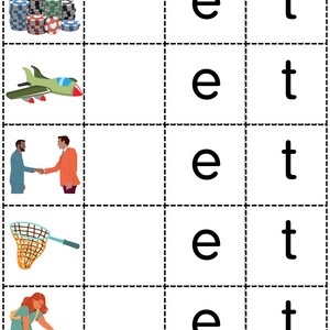 Op de afbeelding: Een werkblad met vijf afbeeldingen en de letters 'e' en 't' die vijf keer worden herhaald. De afbeeldingen omvatten een stapel pokerchips, een straalvliegtuig, twee mensen die elkaar de hand schudden, een net en een meisje met een hond.