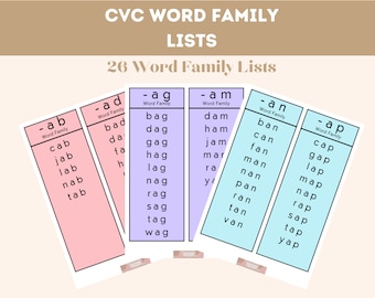 CVC Word Family Lists, Flash Cards for Literacy, Reading, DIGITAL, PRINTABLE, Set of 26 Word Family Lists