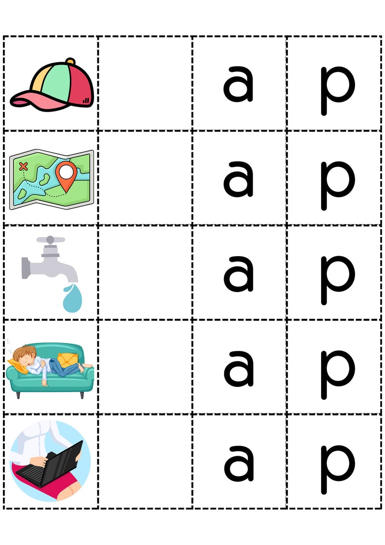 Op de afbeelding: Een werkblad met vijf afbeeldingen en de letters 'a' en 'p' die vijf keer worden herhaald. De afbeeldingen omvatten een rode en groene baseballpet, een kaart met een rode pin, een kraan met een blauwe waterdruppel, een persoon die slaapt op een blauwe bank en een persoon die een laptop gebruikt.