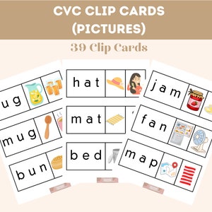 CVC Clip Cards with Pictures, DIGITAL DOWNLOAD, Printable, Letter Recognition, Early Literacy, 39 Clip Cards