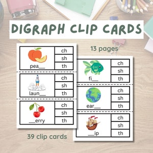 Tarjetas con clip de dígrafos, descarga digital, imprimibles, reconocimiento de letras, aprendizaje para niños pequeños y preescolares, actividad de educación en el hogar, fonética