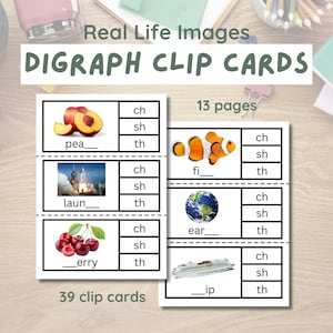 Schede con clip di digrammi, immagini reali, download digitale, stampabili, riconoscimento delle lettere, apprendimento per bambini piccoli e in età prescolare, attività di homeschooling, fonetica