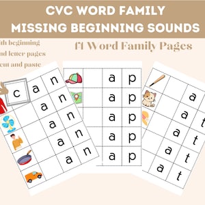 Actividad de la familia de palabras CVC, sonidos iniciales que faltan, alfabetización, lectura, DIGITAL, IMPRIMIBLE, conjunto de 14 páginas de la familia de palabras