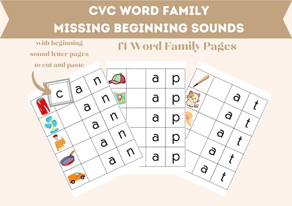CVC Word Family Activity, Missing Beginning Sounds, Literacy, Reading, DIGITAL, PRINTABLE, Set of 14 Word Family Pages