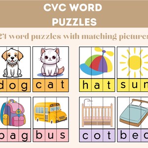 Pode incluir: Um conjunto de 8 quebra-cabeças de palavras CVC com imagens correspondentes. Os quebra-cabeças apresentam palavras como "cão", "gato", "chapéu", "sol", "bolsa", "ônibus", "berço" e "cama".