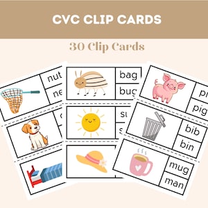 CVC Word Clip Cards, DIGITAL DOWNLOAD, Printable, Letter Recognition, Early Literacy, 30 Clip Cards