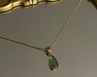 Water Drop Pendant Necklace, Green Teardrop Pendant Necklace, Gold Plated Stainless Steel, Waterproof Jewelry