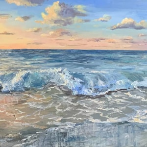 Original oil painting large ocean wave, Seascape summer wall art, impressionism big waves modern decor tropical waves, Sunset beach scene