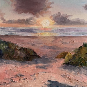 Original Oil Painting: Sunset Beach Seascape, Impressionistic Coastal Decor (19.69x19.69 in)