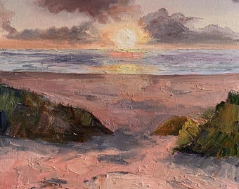 Original Textured Oil Painting Sunset Seascape, Coastal Beach Wall Art