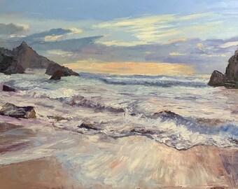 Original Coastal Oil Painting, Ocean Wave Sunset Art, Large Seascape Painting, Luxury Beach House Wall Decor