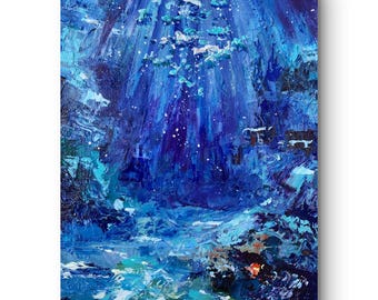 Original Textured Oil Painting, Abstract Deep Ocean Wall Art, Coastal Blue Artwork