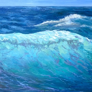 Original oil painting large ocean wave, seascape summer wall art, impressionism big waves modern decor tropical waves,  beach scene