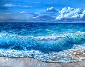 Caribbean Ocean Painting Original, Turquoise Seascape Wall Art, Coastal Decor, Beach House Artwork