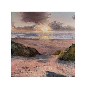 Original Oil Painting: Sunset Beach Seascape, Impressionism Art (19.69x19.69 in)