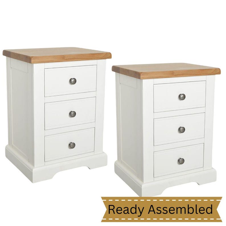Set of 2 Bedside With Oak Top, Pair of Grey Large Painted