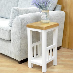 Painted Solid Wood Side Table: White & Oak, Magazine Rack, Assembled