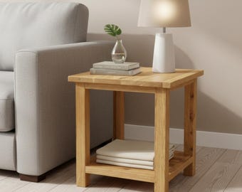 Solid Oak Side Table – Rustic Lamp Table with Shelf (Ready Assembled)