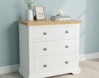 Painted 3-Drawer Chest: Solid Oak Top, Large Bedside Table, Assembled