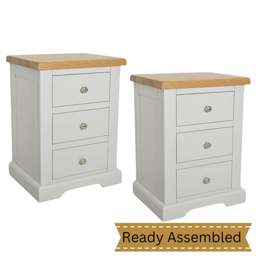 Set of 2 Bedside With Oak Top, Pair of Grey Large Painted