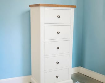 GROFurniture White Painted Tall Chest of Drawer, 5 Drawer Chest, Hand Painted Furniture, Tall Bedroom Chest, Assembled