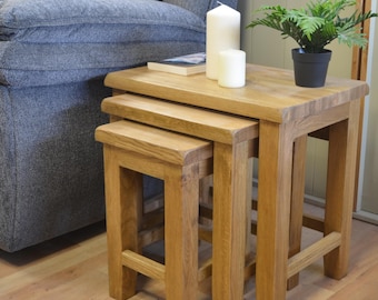 Oak Nest of 3 Coffee Tables: Oak Side Nest of Tables for Living Room, Assembled