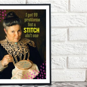 Altered Classical Art, Artful WallArt Print, Cottagecore Renaissance, Crossstitcher, Rap Lyrics, Decorative Wall Print, Classical Art Poster