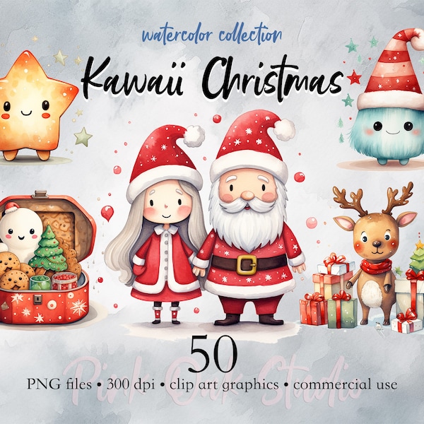 Kawaii Noël, mignon, doux, décoration, paquet, utilisation commerciale, clipart, Père Noël, elfes, aquarelle, joli, enfants, fille, garçon, png.