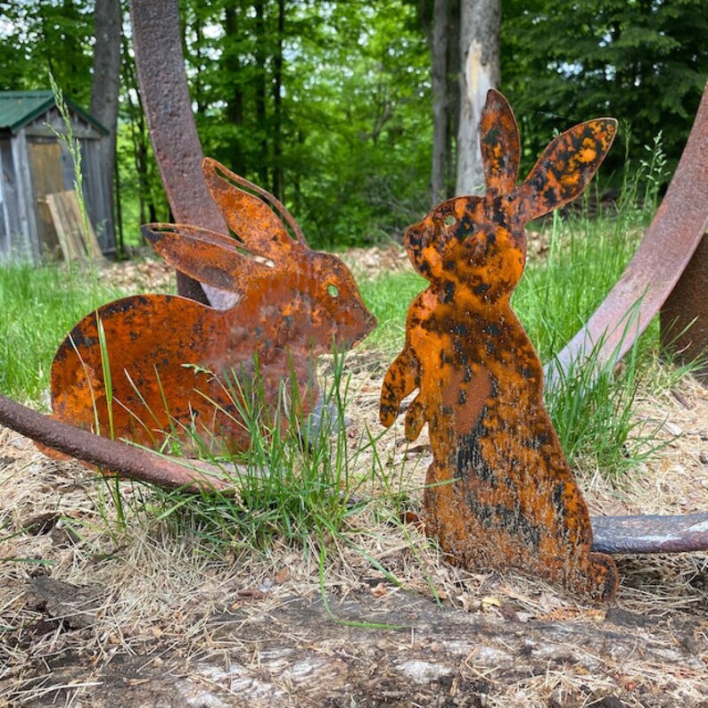 Rusted Metal Rabbit Bunny Art Stake Bunny Yard Art Metal Etsy