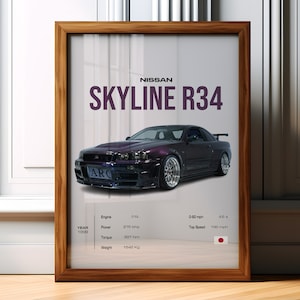 Nissan Skyline R34 Poster Nissan Skyline Car Art Car Enthusiast Wall Art image 1