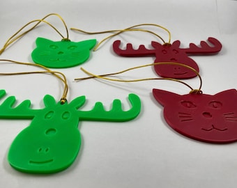 Cat and moose Christmas ornaments, 4 pieces.  Looks great on your Christmas tree.