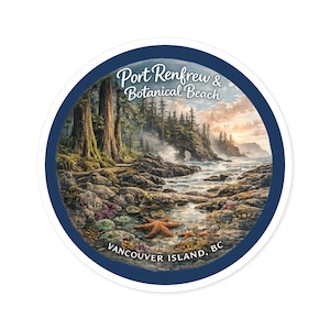 Port Renfrew, Botanical Beach, Vancouver Island, BC, Landscape Sticker | Round Outdoor Sticker