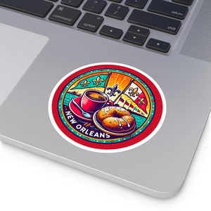 New Orleans, beignet, kopje koffie van Cafe du Monde en kleurrijke vlaggen. Ronde stickers, binnen\buiten