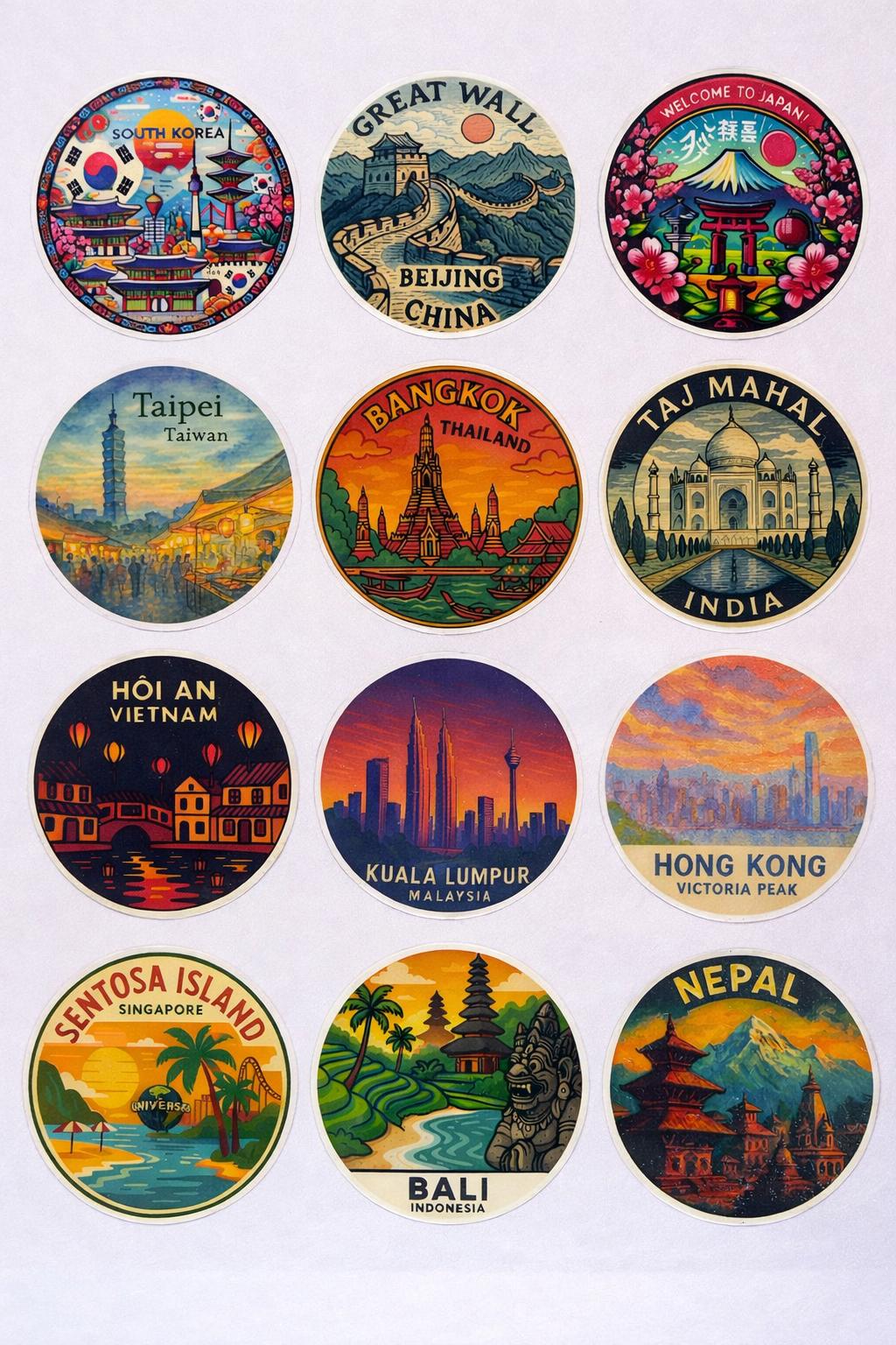Asian Travel Sticker Pack (12 Pcs) – 5cm Round Waterproof Vinyl ...