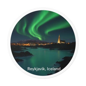 Reykjavik Northern Lights Vinyl Stickers, Travel Decals, Iceland Souvenirs, Journals, Laptop Decor, Nature Gifts
