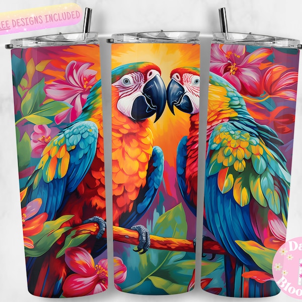 Vibrant Parrots Tropical Wildflowers 20 oz Skinny Tumbler Sublimation Design, Instant Digital Download PNG, Straight & Tapered Tumbler Wrap