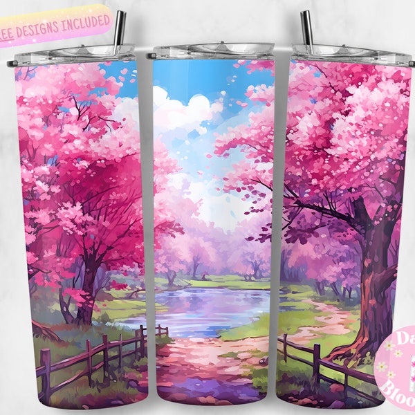 Cherry Blossom Painting 20 oz Skinny Tumbler Sublimation Design, Pink,Instant Digital Download PNG, Straight & Tapered Tumbler Wrap