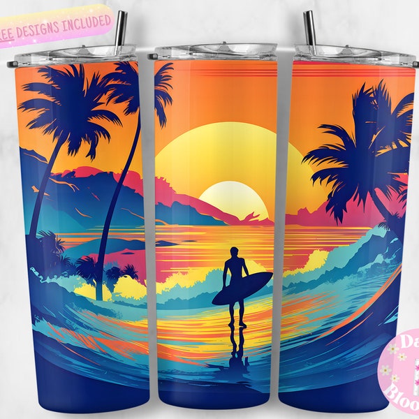 Beach, Surfer, Sunset, Palm Trees 20 oz Skinny Tumbler Sublimation Design, Instant Digital Download PNG, Straight & Tapered Tumbler Wrap