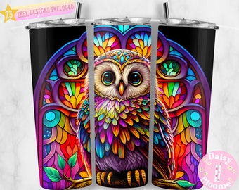 Stained Glass Owl 20 oz Skinny Tumbler Sublimation Design, Beautiful, Cute, Instant Digital Download PNG, Straight & Tapered Tumbler Wrap