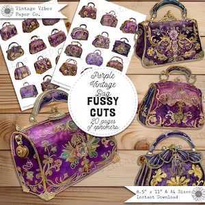 Junk Journal éphémères coupés vintage violets sacs à main vintage, collages éphémères découpes vintage mode imprimable journal éphémères