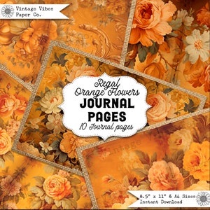 Pagina del diario spazzatura con fiori d’arancio regali, 10 carte digitali per stampare e realizzare diari spazzatura, carta floreale vintage floreale barocca autunnale