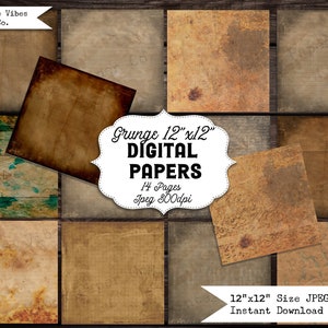 Grunge digital paper 14 pages 12x12, textured digital papers for junk journals & scrapbooking, grungy vintage digital paper pack