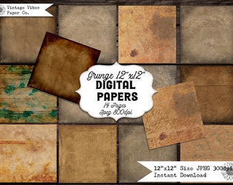 Grunge digital paper 14 pages 12x12, textured digital papers for junk journals & scrapbooking, grungy vintage digital paper pack