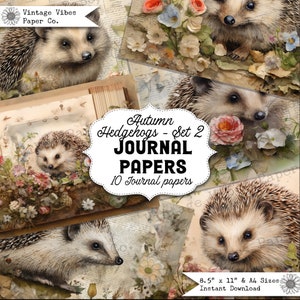 Set 2 di carte per diario spazzatura con riccio autunnale, carta per diario spazzatura a tema floreale vintage con natura botanica, pagine digitali per diari spazzatura