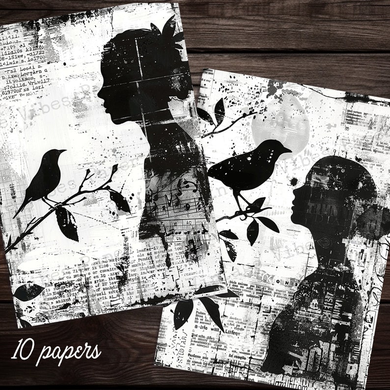 Black & White Ink Saver Grunge Silhouette Junk Journal Printable Papers ...
