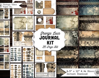 Junk journal kit Gothic grunge lace, textured grungy lace digital junk journal kit, printable papers tags, ephemera & envelopes 26 page kit
